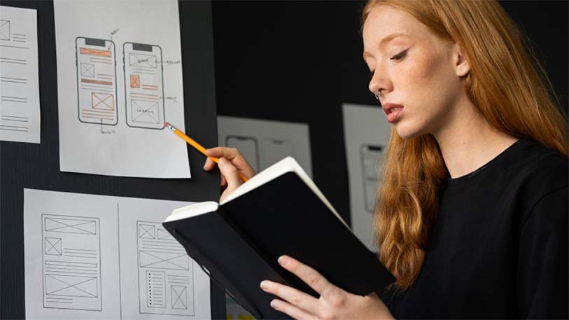 Woman analyzing wireframes on a wall and notebook – illustrating cost savings in development with early-stage UI/UX planning by EdroxCode in UAE, UK (London), Dubai, New York, and Canada.